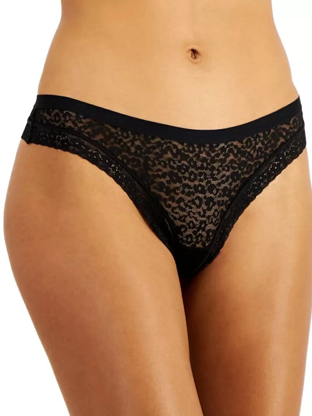Jenni Intimates Women's Leopard and Floral Pattern Lace Thong, Deep Black, Small